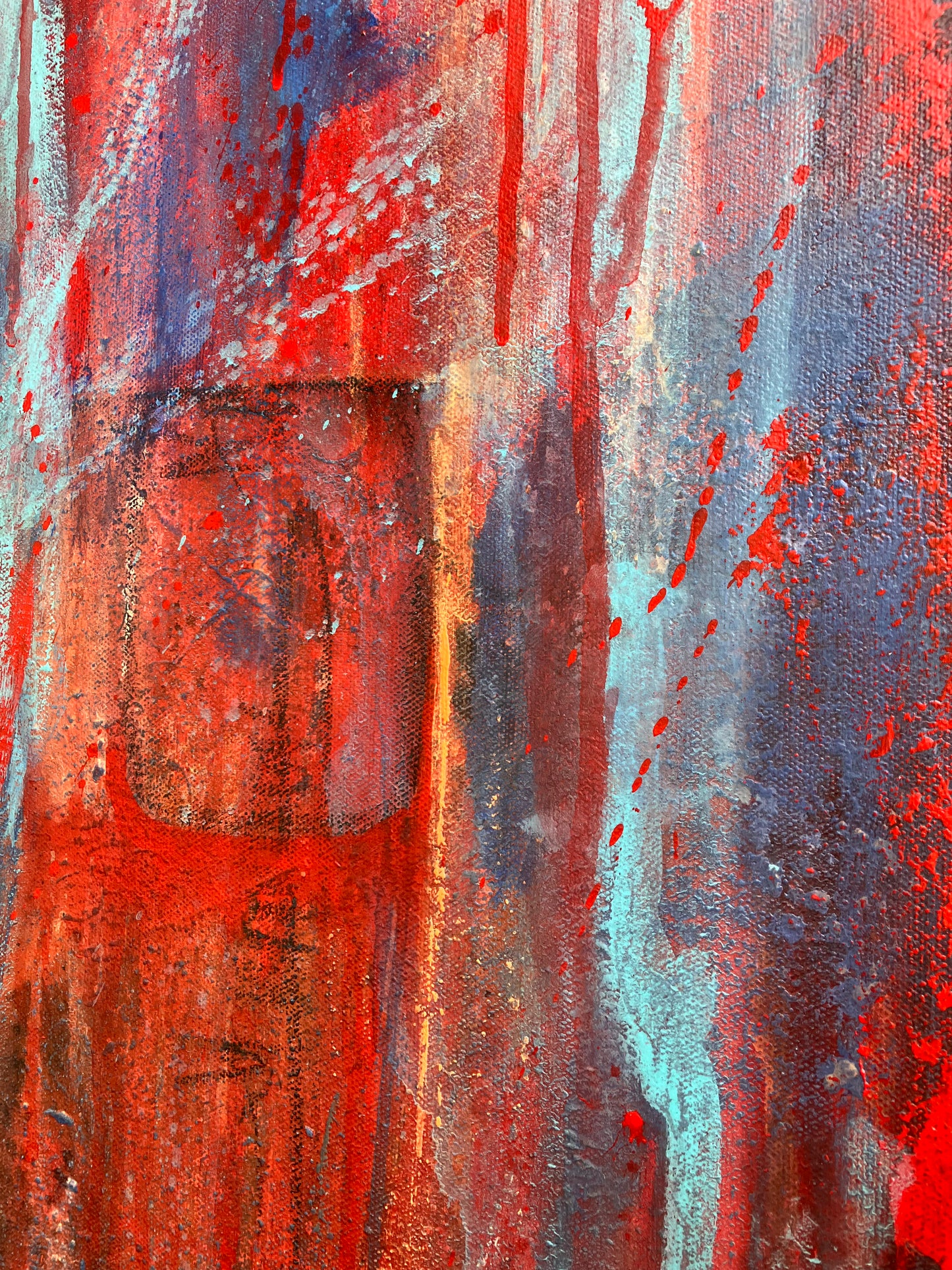 lose up of original abstract painting titled Surrender, featuring intense vertical drips and swirls of red, blue, and orange with the word “PEACE” subtly stenciled and slightly off-center. Rich texture and bold color transitions create emotional depth.