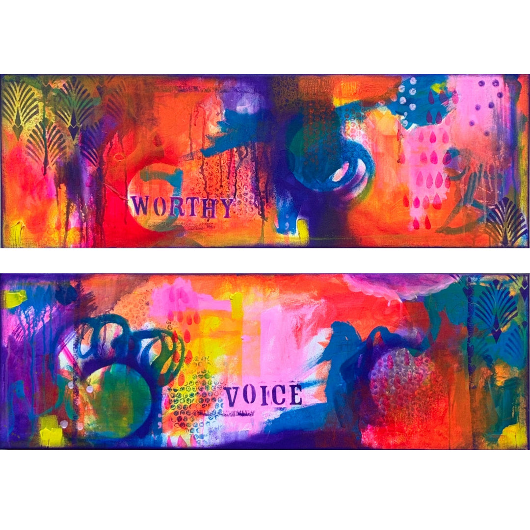 Dangerous Duo diptych by J. Elise Art – abstract painting with the word ‘Worthy’ on one canvas and ‘Voice’ on the other, in vibrant colors of pink, purple, orange, and blue.