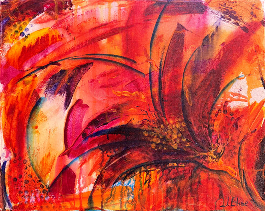 Fiery abstract floral artwork with bold red, orange, and magenta tones, featuring dynamic petal shapes and expressive brushwork that radiates movement and vitality.