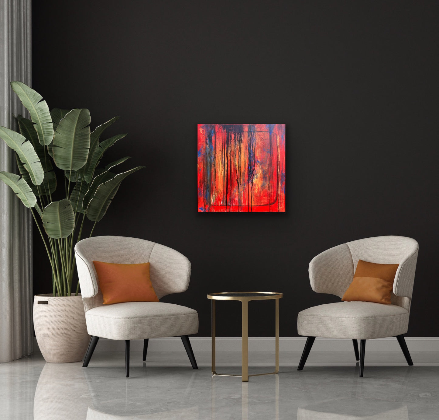 In situ photo of original abstract acrylic painting titled Bravest in a modern living room, hanging on a dark moody wall. Bold vertical drips of black, blue, and deep orange cascade over a fiery red and orange background. Rich texture and layered color evoke emotion and resilience.