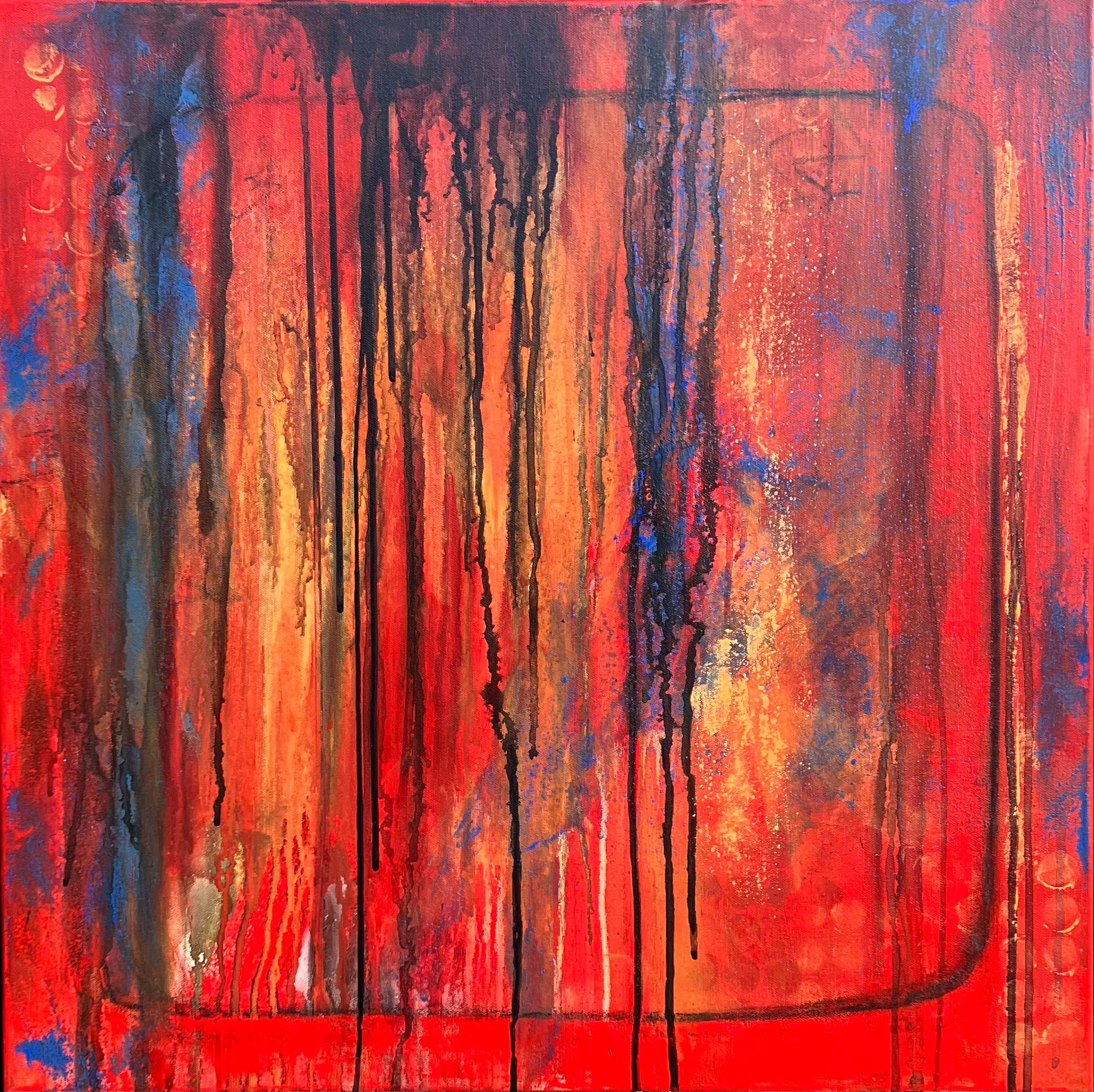 Original abstract acrylic painting titled Bravest. Bold vertical drips of black, blue, and deep orange cascade over a fiery red and orange background. Rich texture and layered color evoke emotion and resilience.