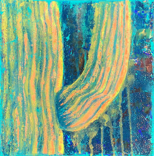 Textured abstract painting in vibrant peach, gold, and turquoise tones, resembling soft sunlight on a majestic saguaro cactus. Artwork by J. Elise.