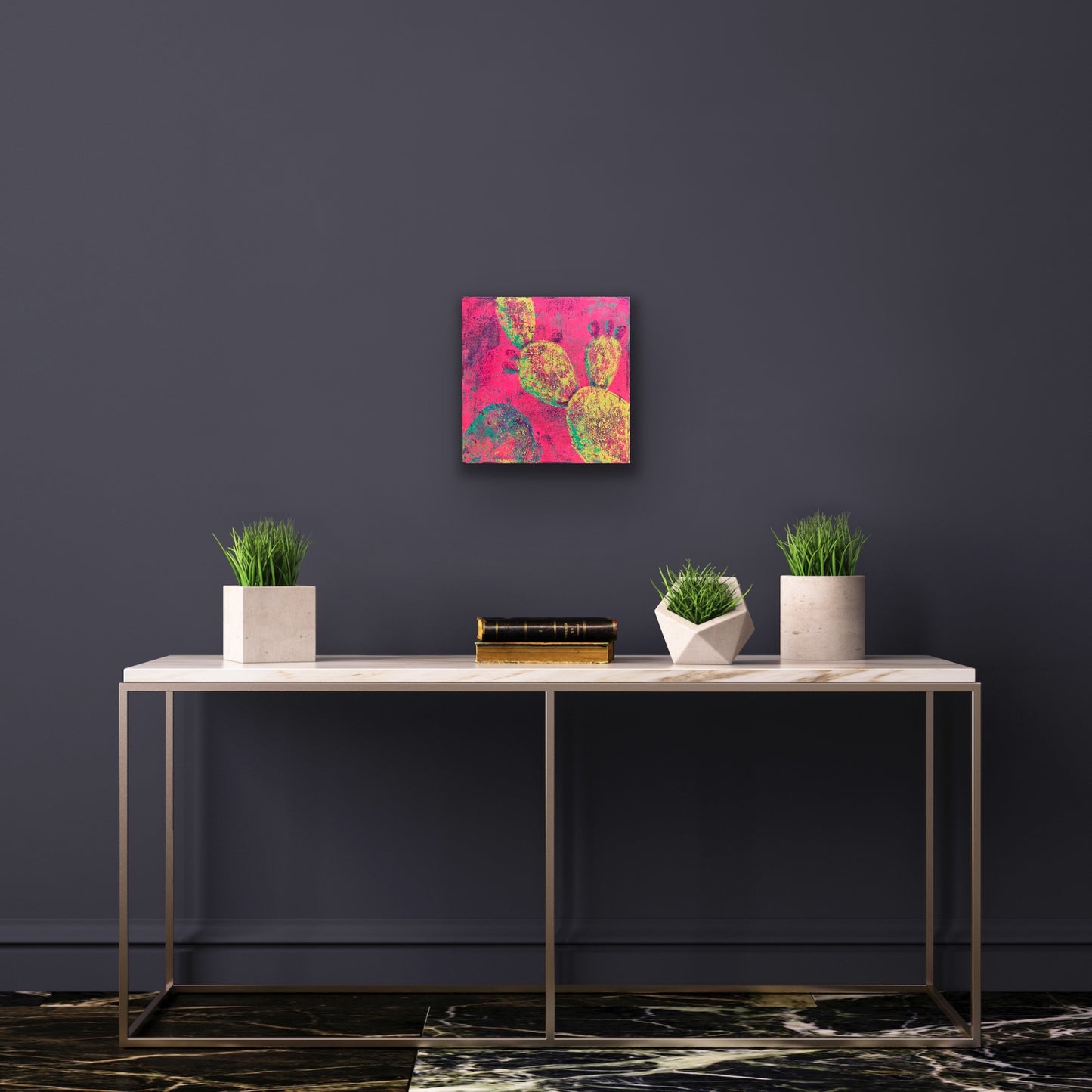 In situ photo of a bright abstract desert cactus painting with neon yellow prickly pear pads on a vivid pink background, symbolizing new growth and early spring bloom.