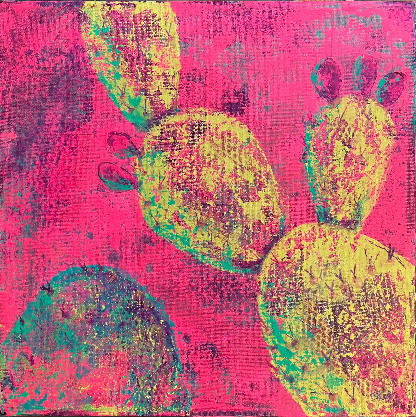 Bright abstract desert cactus painting with neon yellow prickly pear pads on a vivid pink background, symbolizing new growth and early spring bloom.