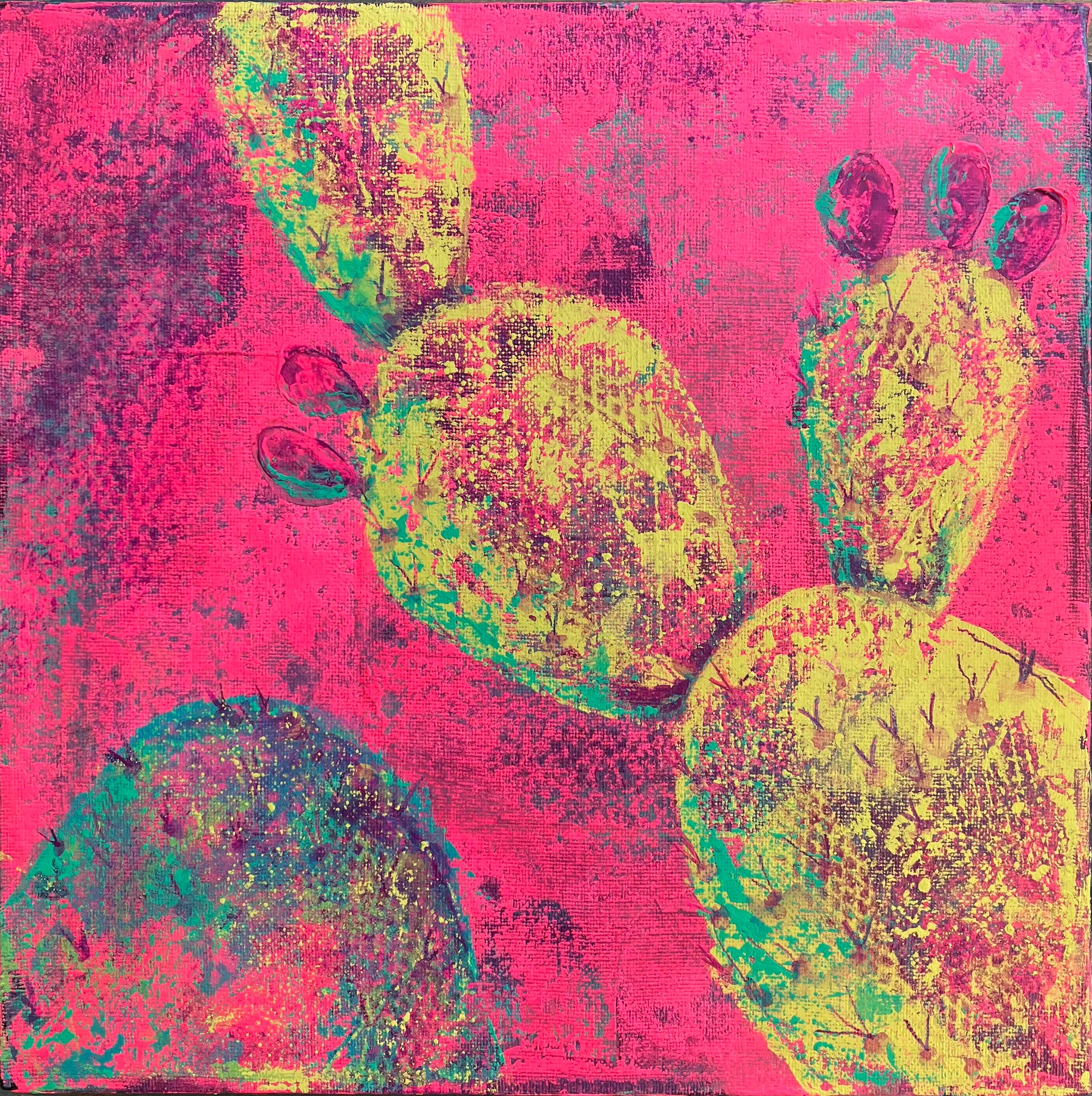 Bright abstract desert cactus painting with neon yellow prickly pear pads on a vivid pink background, symbolizing new growth and early spring bloom.