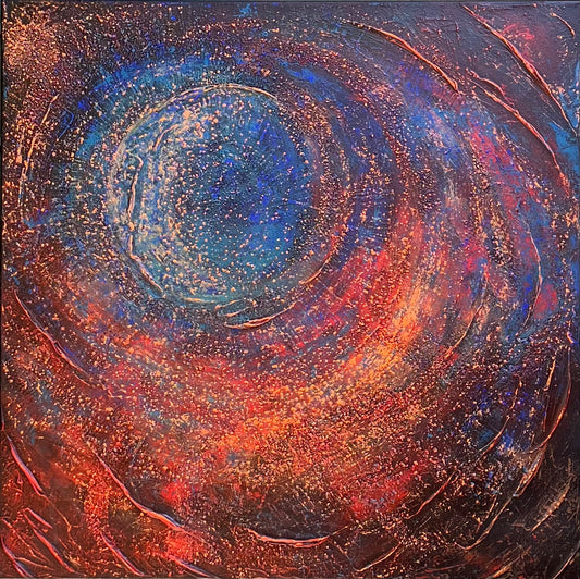Enough – a textured acrylic abstract painting with a central spiral design in blues, reds, and golds, evoking cosmic or galaxy-like movement.