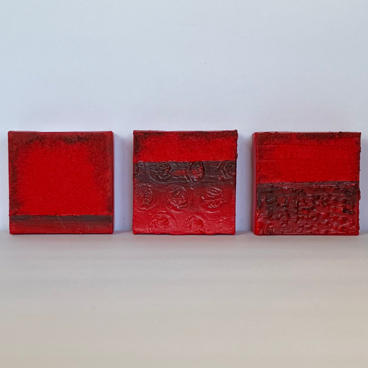 "Red Resonance" - Triptych - Each measure 4” x 4” x 1 3/8” gallery wrapped canvas, ready to hang(set of 3) original art