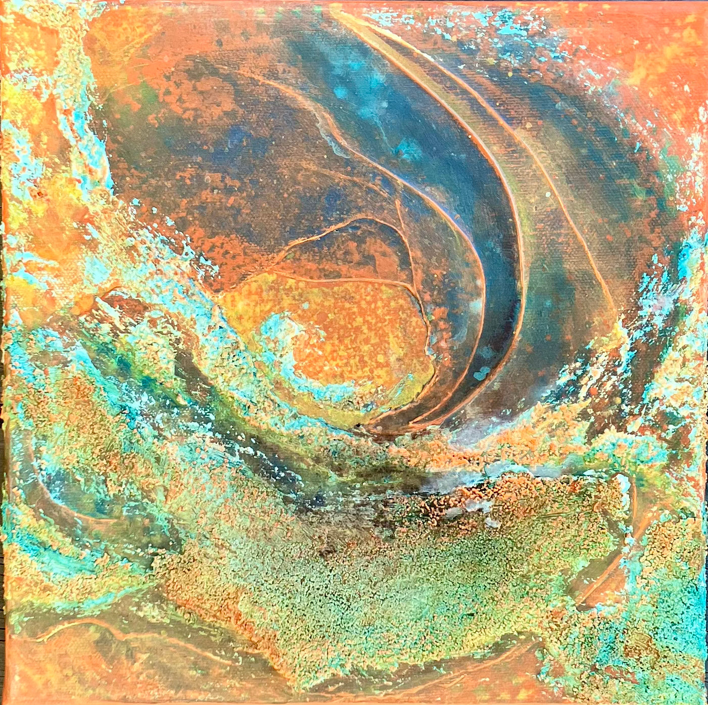 Earth-inspired abstract painting with rust, teal, and copper tones, featuring layered organic textures that evoke landscapes, topography, or mineral formations.
