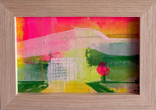 Small framed acrylic painting of a colorful abstract coastal landscape with a single bright pink tree, titled “San Diego Summer II".