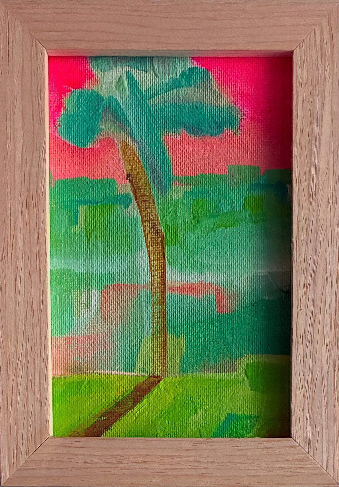 Small framed acrylic painting of a palm tree against a bright pink and green abstract coastal background, titled “San Diego Summer I".