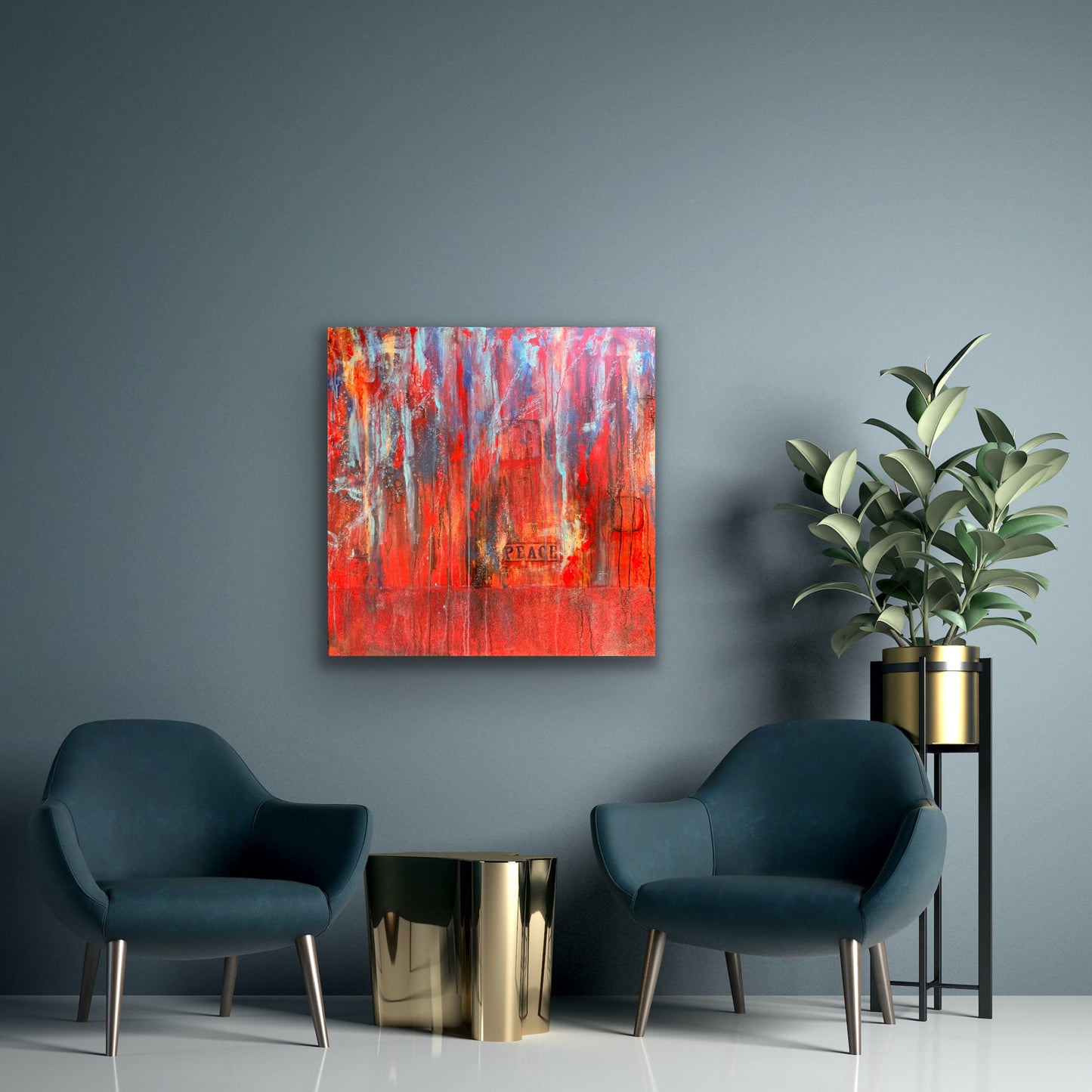 In situ photo in a modern living room of original abstract painting titled Surrender, featuring intense vertical drips and swirls of red, blue, and orange with the word “PEACE” subtly stenciled and slightly off-center. Rich texture and bold color transitions create emotional depth.