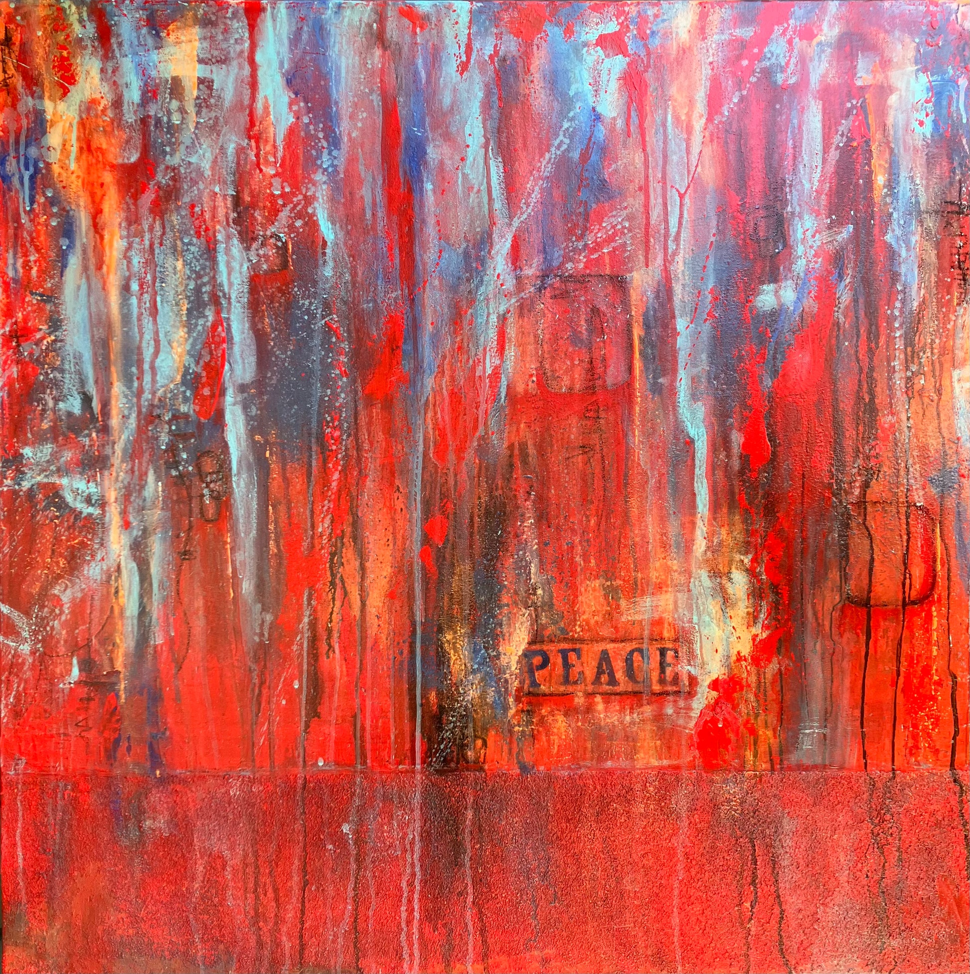 Original abstract painting titled Surrender, featuring intense vertical drips and swirls of red, blue, and orange with the word “PEACE” subtly stenciled and slightly off-center. Rich texture and bold color transitions create emotional depth.