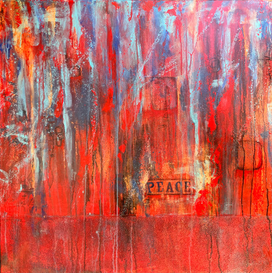 Original abstract painting titled Surrender, featuring intense vertical drips and swirls of red, blue, and orange with the word “PEACE” subtly stenciled and slightly off-center. Rich texture and bold color transitions create emotional depth.